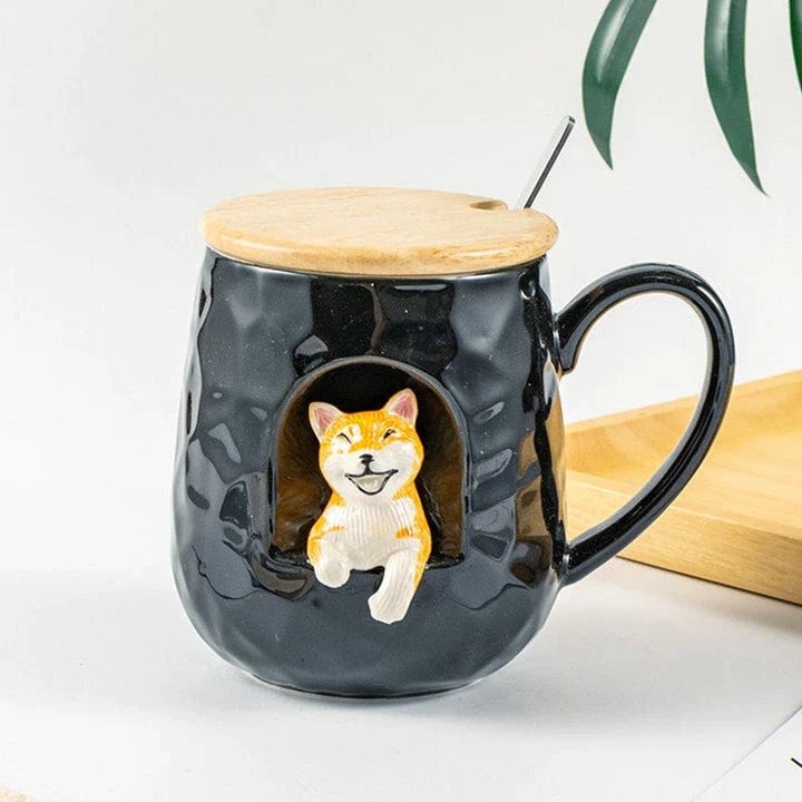 Cute Animals Relief Ceramic Mug With Lid and Spoon