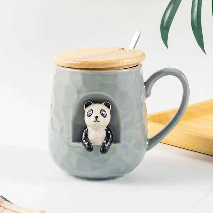 Cute Animals Relief Ceramic Mug With Lid and Spoon