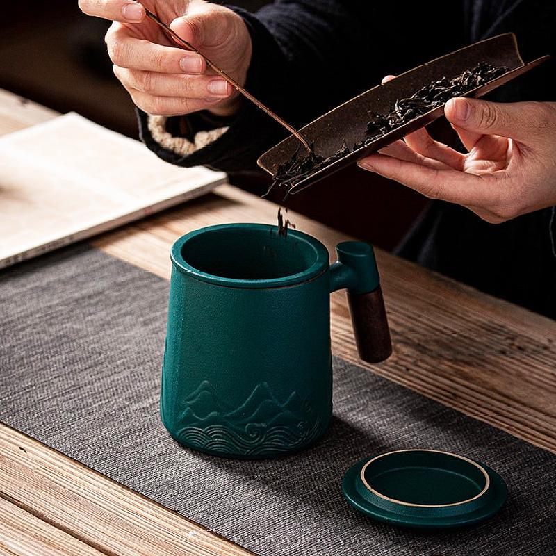 coffee and tea mugs with wooden handle, reusable tea infuser, tea strainer