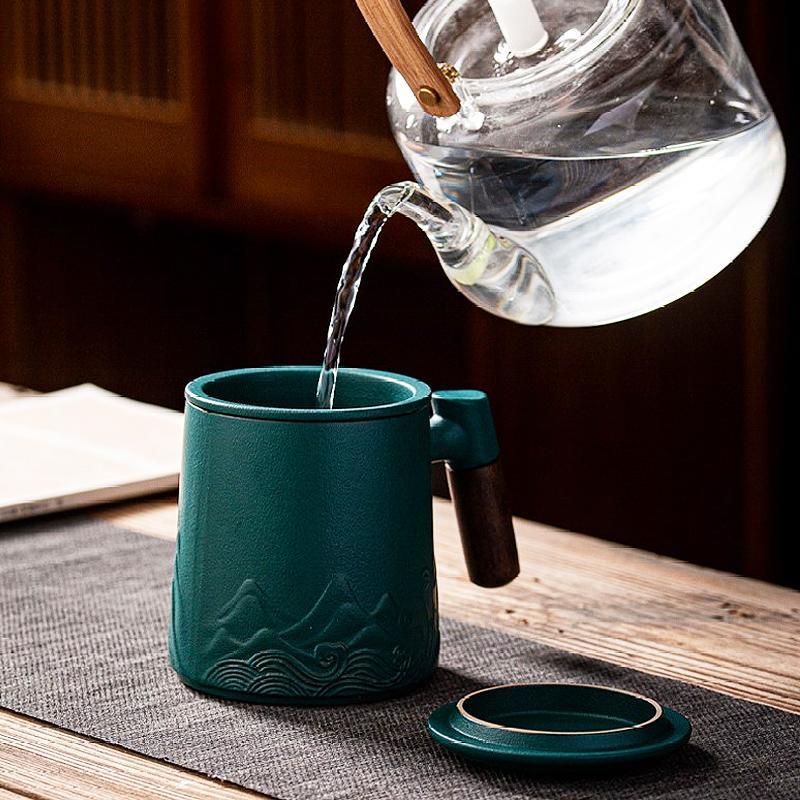 coffee and tea mugs with wooden handle, reusable tea infuser, tea strainer
