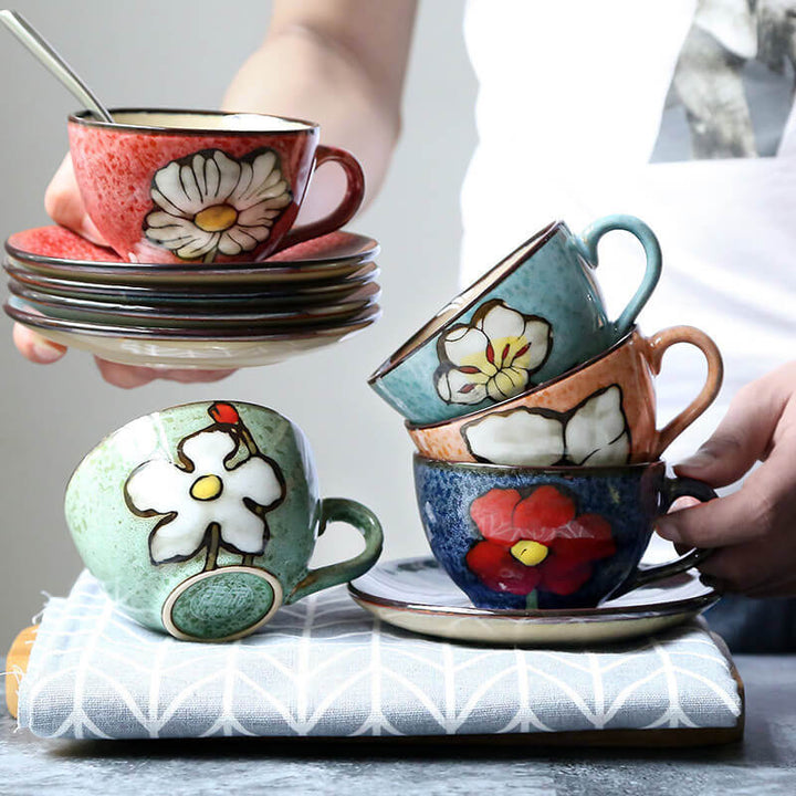 Hand Painted Pioneer Woman Floral Mugs, ceramic mug teapot and spoon