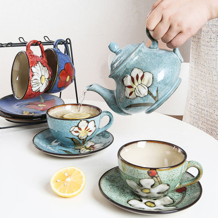 Hand Painted Pioneer Woman Floral Mugs, ceramic mug teapot and spoon