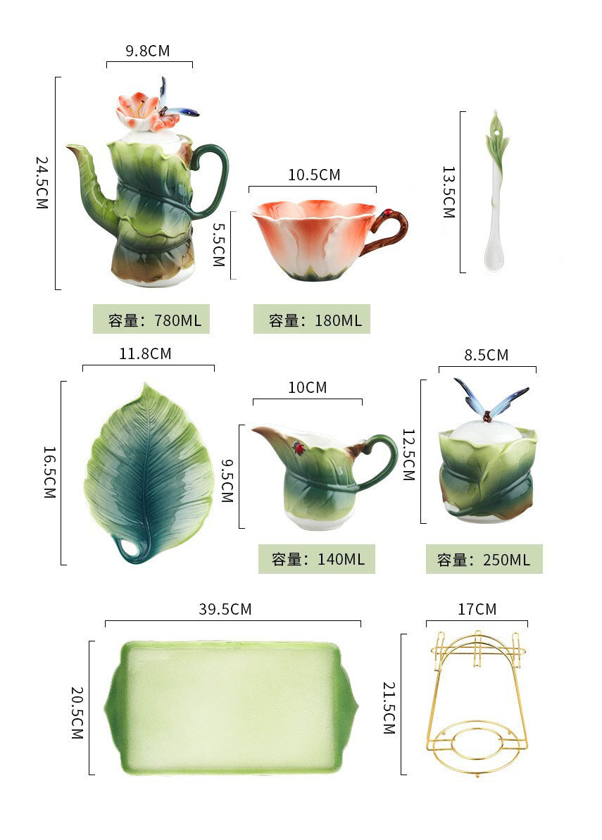 the size of teapot, teacup,spoon, saucer, jug and holder