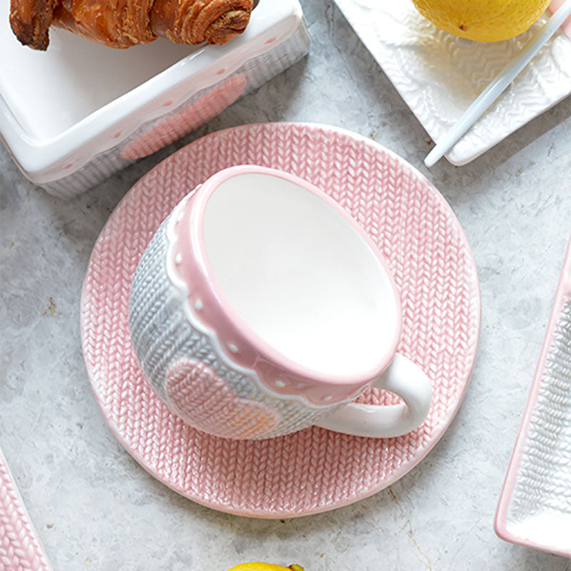 Pink Knitted Heart Coffee Mug & Saucer