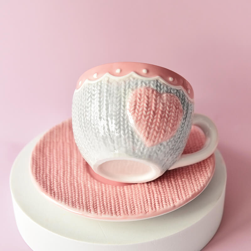 Pink Knitted Heart Coffee Mug & Saucer