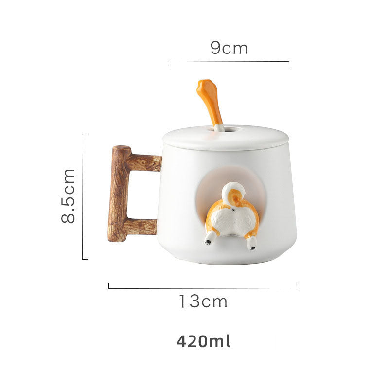 cute corgi mug wood handle, white