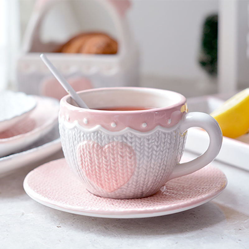 Pink Knitted Heart Coffee Mug & Saucer