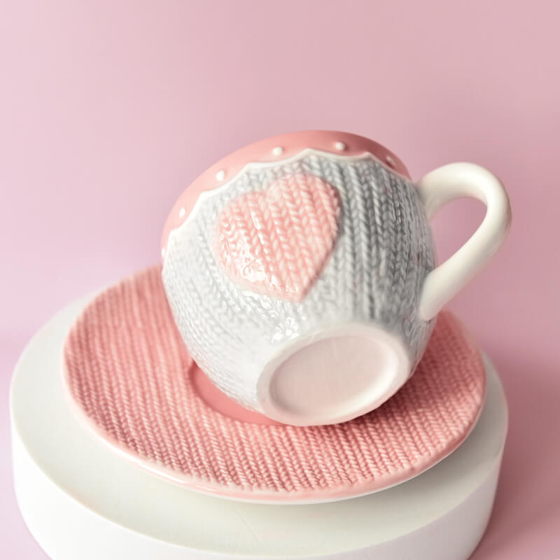 Pink Knitted Heart Coffee Mug & Saucer