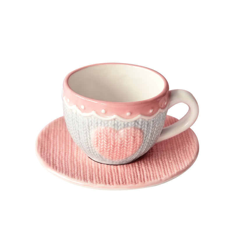 Pink Knitted Heart Coffee Mug & Saucer