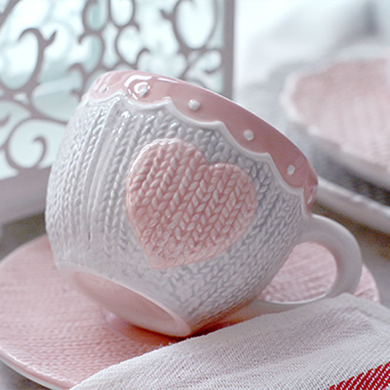 Pink Knitted Heart Coffee Mug & Saucer