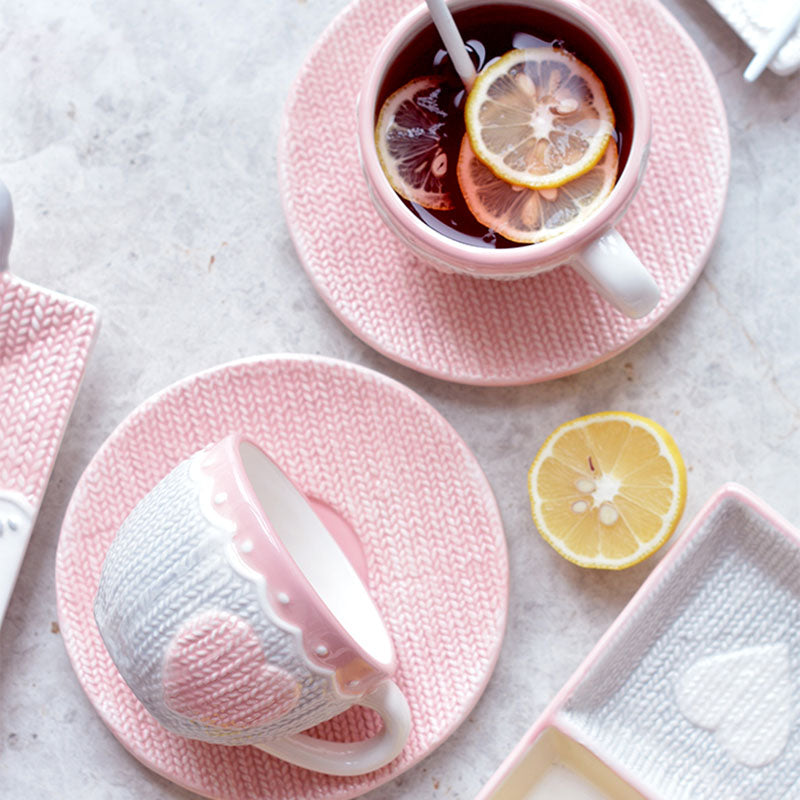 Pink Knitted Heart Coffee Mug & Saucer