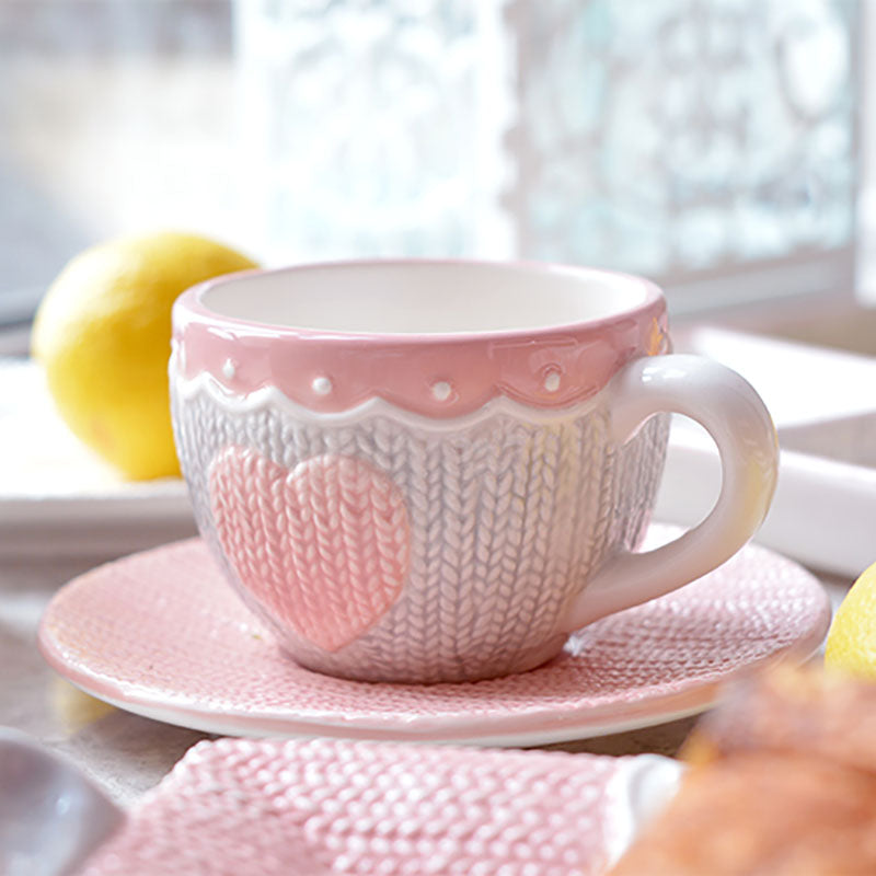 Pink Knitted Heart Coffee Mug & Saucer