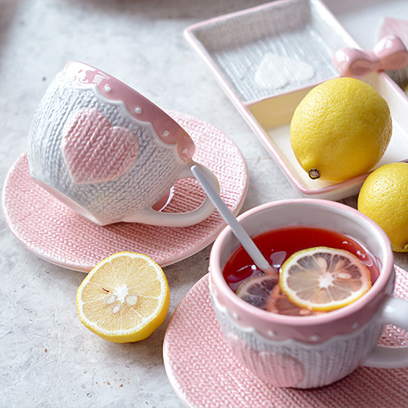 Pink Knitted Heart Coffee Mug & Saucer