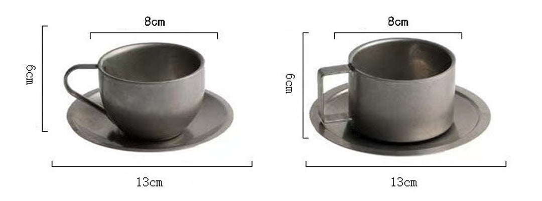 Retro Distressed Stainless Steel Coffee Mug With Saucer & Spoon