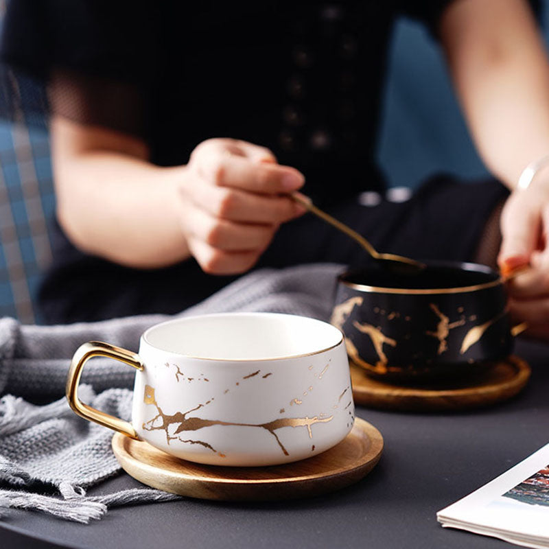 The Porcelain Coffee Tea Cup with Wooden Saucer, Gold Decal Glazed Design