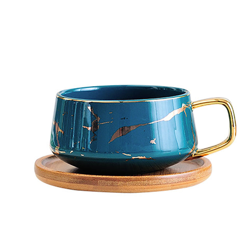 The Green Porcelain Coffee Tea Cup with Wooden Saucer, Gold Decal Glazed Design