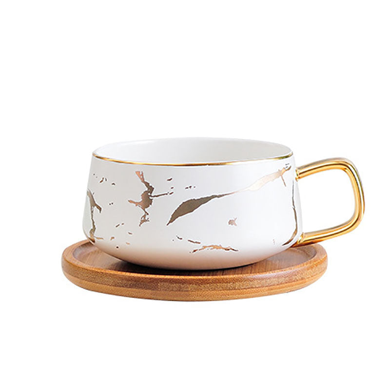 The White Porcelain Coffee Tea Cup with Wooden Saucer, Gold Decal Glazed Design