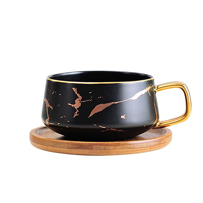 The Black Porcelain Coffee Tea Cup with Wooden Saucer, Gold Decal Glazed Design