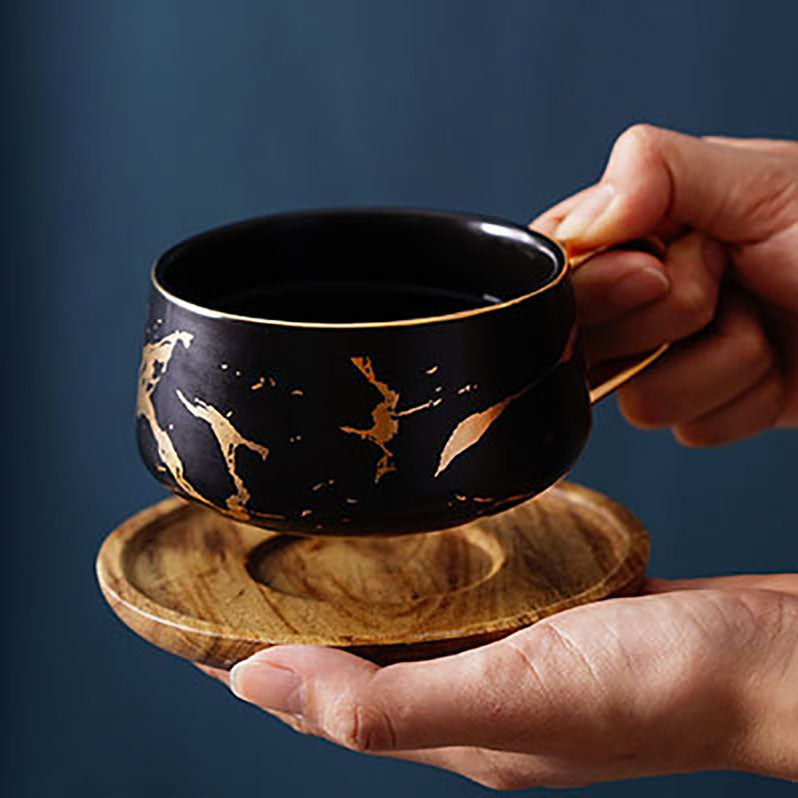 The Porcelain Coffee Tea Cup with Wooden Saucer, Gold Decal Glazed Design