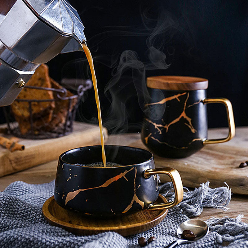 The Porcelain Coffee Tea Cup with Wooden Saucer, Gold Decal Glazed Design