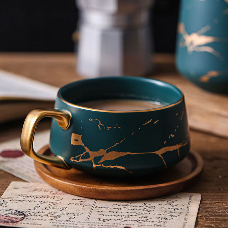 The Porcelain Coffee Tea Cup with Wooden Saucer, Gold Decal Glazed Design