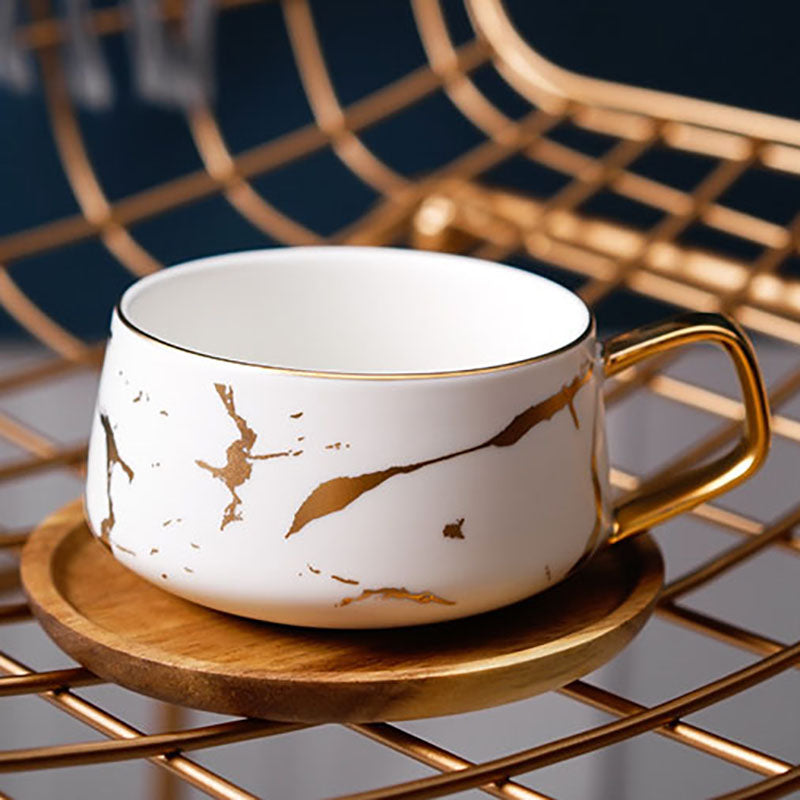 The White Porcelain Coffee Tea Cup with Wooden Saucer, Gold Decal Glazed Design