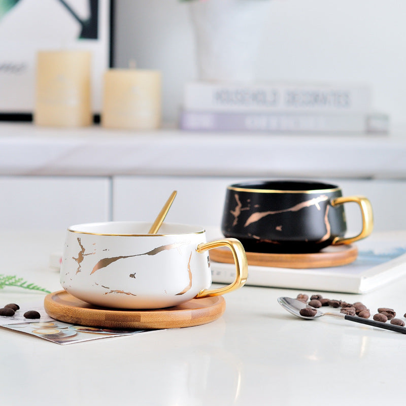 The Porcelain Coffee Tea Cup with Wooden Saucer, Gold Decal Glazed Design