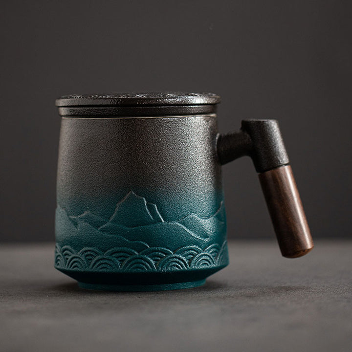 The japanese ceramic mug with lid wood handle and tea infuser