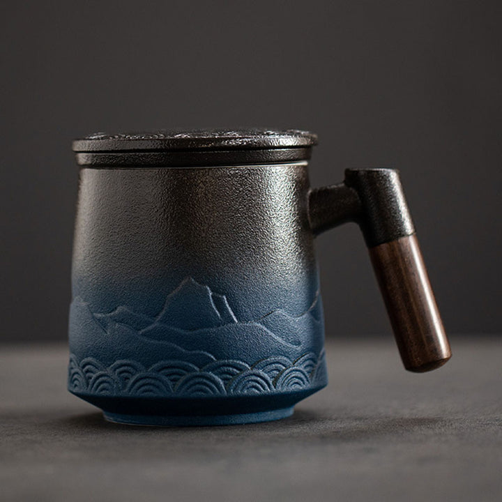 The japanese ceramic mug with lid wood handle and tea infuser, dark blue