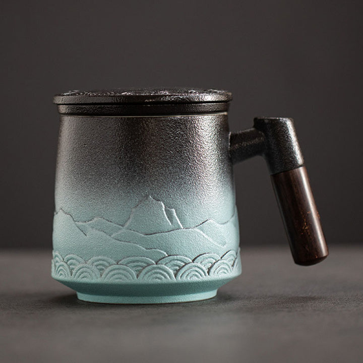 The japanese ceramic mug with lid wood handle and tea infuser, Cyan Blue