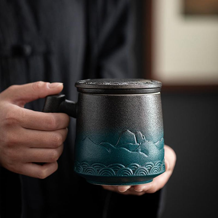 The japanese ceramic mug with lid wood handle and tea infuser