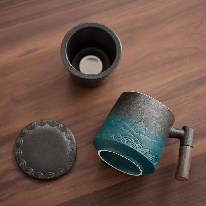 The japanese ceramic mug with lid wood handle and tea infuser