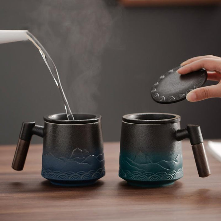 The japanese ceramic mug with lid wood handle and tea infuser