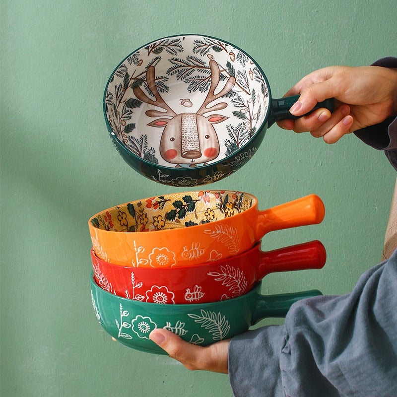 "The Forest Family" Single Handle Baking Bowl (Hand Painted)