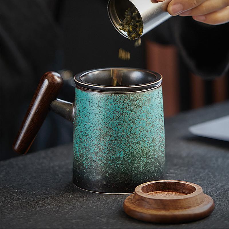 emerald ceramic mug with lid tea infuser