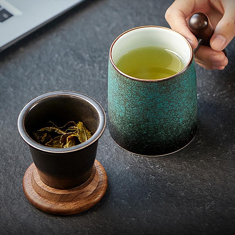 emerald ceramic mug with lid tea infuser