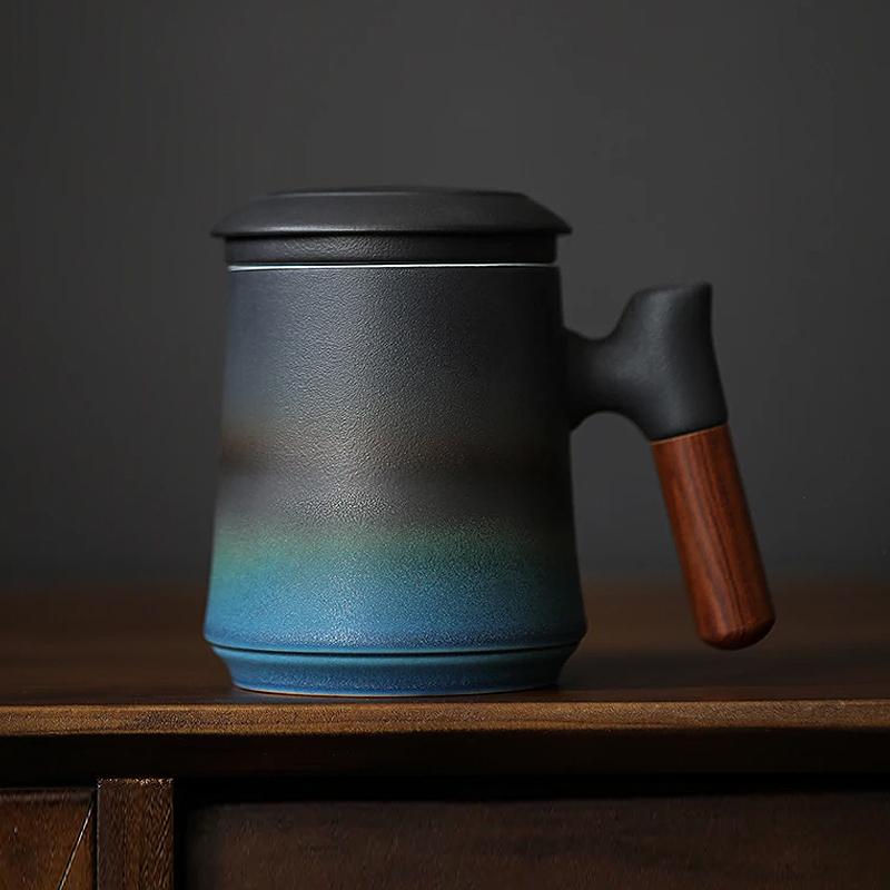 The japanese ceramic mug with lid wood handle and tea infuser