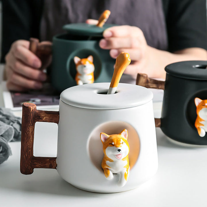 cute corgi mug wood handle