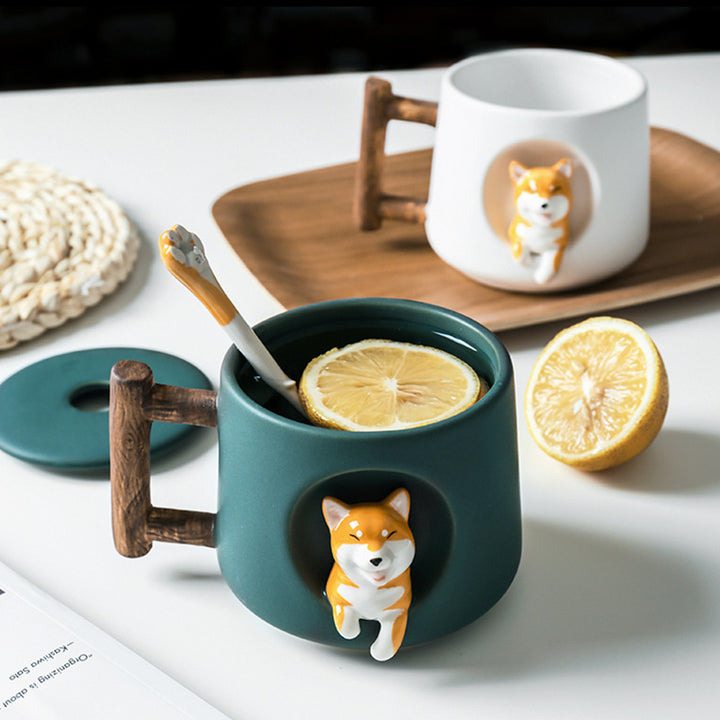 cute corgi mug wood handle