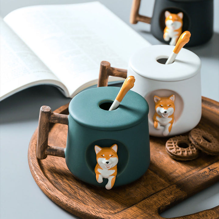 cute corgi mug wood handle