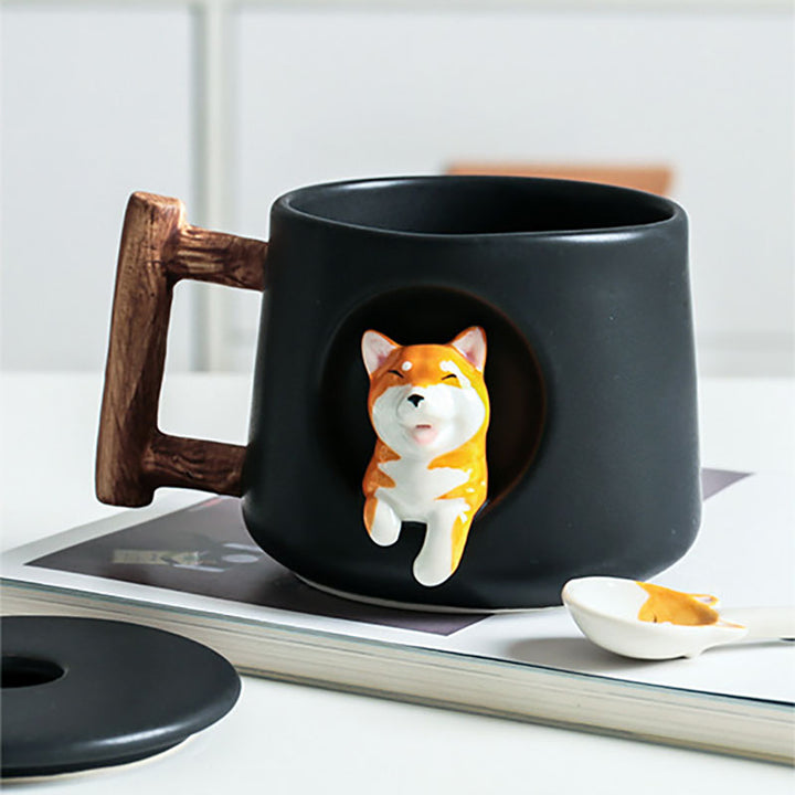 cute corgi mug wood handle