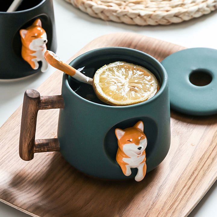 Cute Corgi Mug  Wood Handle