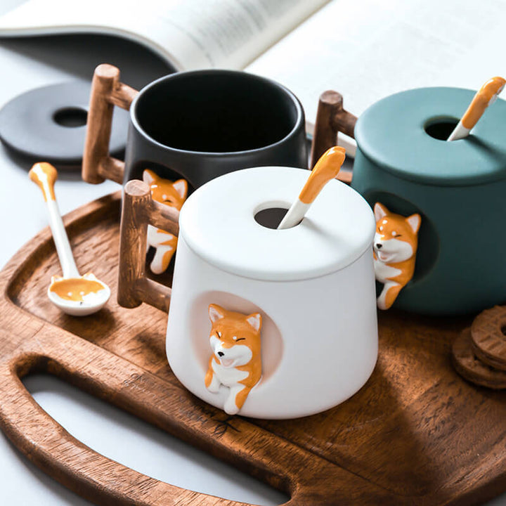 Cute Corgi Mug  Wood Handle