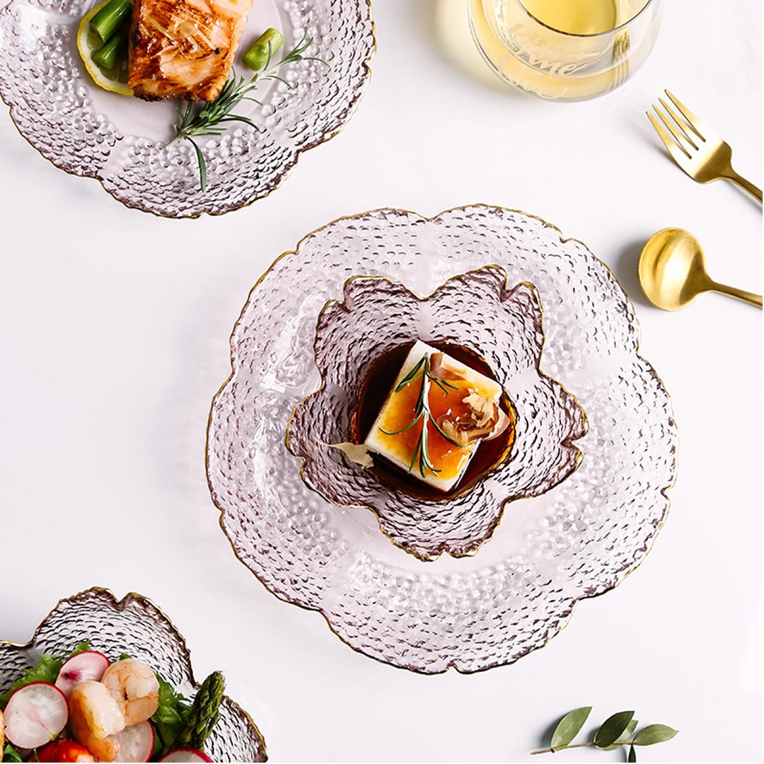 Set di piatti in vetro Sakura con intarsio dorato