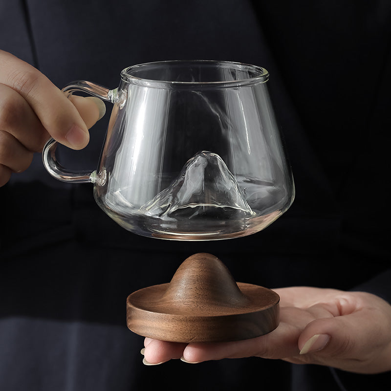 mountain tea cup with coaster and handle