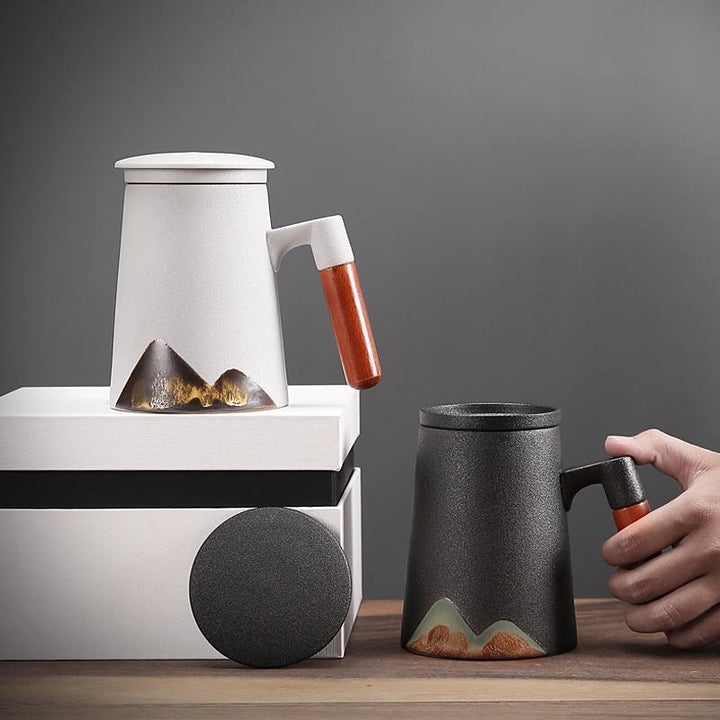 tall ceramic mugs with lid for coffee tea, reusable tea infuser, mug with handle