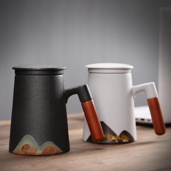 tall ceramic mugs with lid for coffee tea, reusable tea infuser, mug with handle