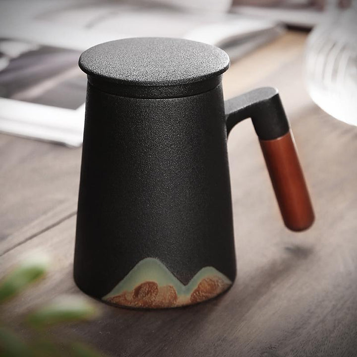 tall ceramic mugs with lid for coffee tea, reusable tea infuser, black mug with handle