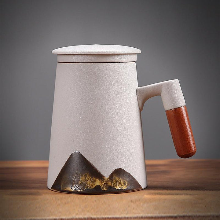 tall ceramic mugs with lid for coffee tea, reusable tea infuser, white mug with handle