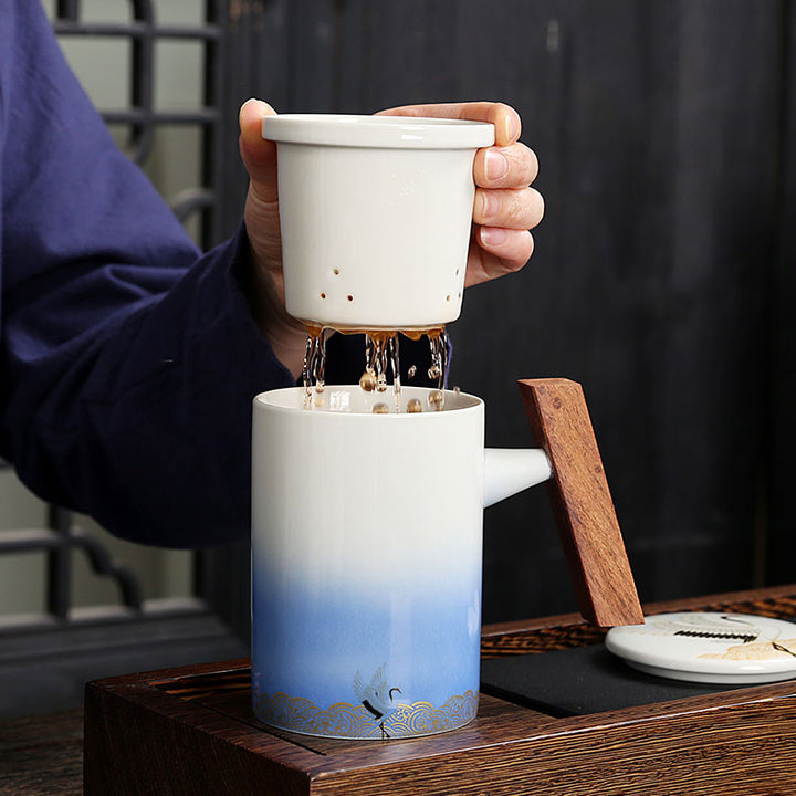 The Crane Coffee and Tea Mug 400 ML Capacity, with wood handle lid and tea infuser
